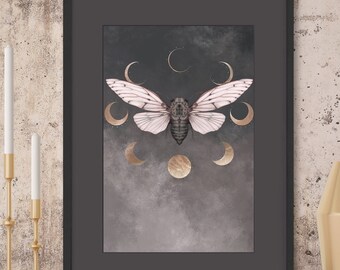 Cicada Moon [Art Print] Peinture de belle cigale blanche grise et rose avec des phases de lune dorée cycles affiche lunaire astrologie naturelle