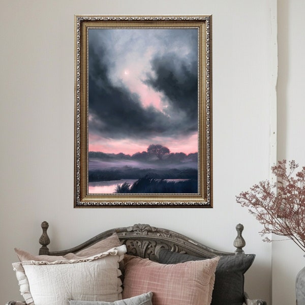 Morning Lullaby [Art Print] Painting - misty foggy landscape - sunrise dawn morning twilight - crescent moon clouds sky stars - pink gray