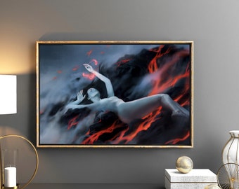 Braises [Art Print] Fantasy Painting - Lava Fire Witch Nude Woman Illustration - Affiche Smoke Volcano