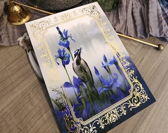 Iris & Méliphage [Gold Foil Mini Print] Peinture de fleurs d’oiseau bleu saphir - Nature Wildlife Art Brumgy Lake Misty - Carte d’illustration