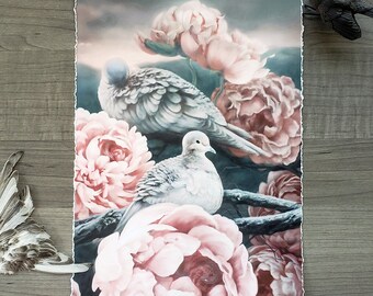 Pivoines et Colombes {Giclee Art Print} Fleurs roses oiseaux plume ciel gris doux - dragon caché