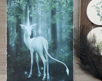 OpalE Licorne {Giclee Art Print} Peinture magique de cerf blanc - conte de fées fantastique enchanté de la forêt