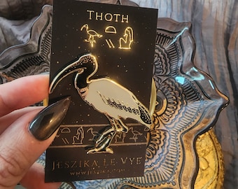 Épingle de Thoth - mythologie égyptienne - émail dur - dieu de la sagesse et du savoir - noir et or - bijoux de revers - oiseau ibis - broche