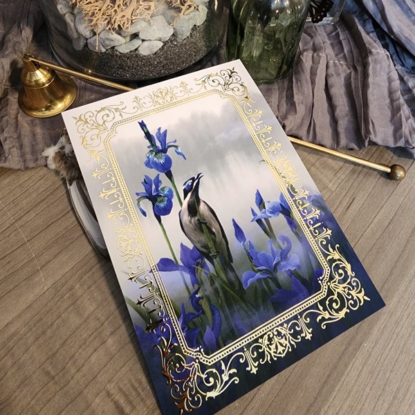 Iris & Honeyeater [Gold Foil Mini Print] sapphire blue bird flower painting - nature wildlife art foggy lake misty - Illustration Card