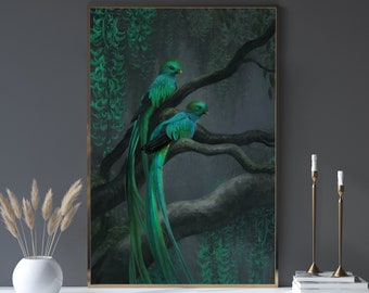 May include: A framed print of two green and blue birds with long tails perched on branches in a misty forest setting.