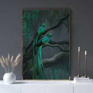 Quetzal & Jade Vine [Stampa artistica] dipinto di uccelli - fiori e piume verde acqua - tropici della giungla - drago nascosto