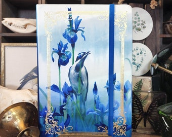 Journal / carnet de croquis iris et feuille d'or - luxueux carnet de notes flore bleu saphir et plumes - cadeau d'art oiseau et fleur