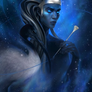 Könnte beinhalten: Digitale Kunstillustration einer blauhäutigen Figur mit silbernem Kopfschmuck und leuchtend blauen Augen, die ein goldenes Zepter hält. Ein weißer Vogel mit schwarzem Schnabel befindet sich links. Der Hintergrund ist ein sternenübersäter, blauer Weltraum.