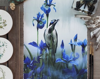 Iris & Méliphage {Giclee Art Print} Peinture de fleurs d’oiseaux - affiche de plumes bleues - dragon caché