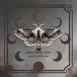 May include: A black and white moth with a white body and black wings with white stripes is centred in a square frame with a dark grey background. The frame is decorated with crescent moons and stars. The text "Jeszika Le Vye www.jeszika.com" is below the moth.