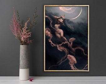 Shimmer [Art Print] Différentes tailles disponibles - Peinture de belle femme nue sorcière esprit fantôme sorcière tempête avec méduse