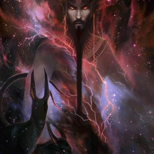 May include: Digital artwork depicting a deity with red eyes and a long black beard, adorned with a headdress and intricate collar. Two black canine figures stand in the foreground against a cosmic background with lightning.