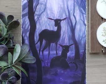 Onyx Unicorn {Giclee Art Print} Peinture magique cerf noir violet - forêt fantastique enchantée classique - heure de sorcière nocturne brillante