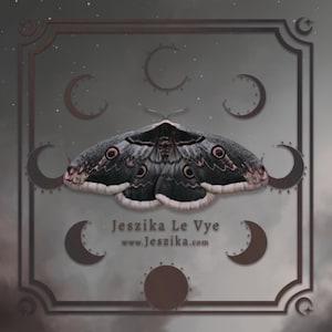 Puede incluir: Una polilla negra y blanca con ojos rosados ​​está centrada en un marco gris oscuro con un borde marrón. El marco está decorado con lunas crecientes y estrellas. El texto "Jeszika Le Vye www.jeszika.com" está en la parte inferior del marco.