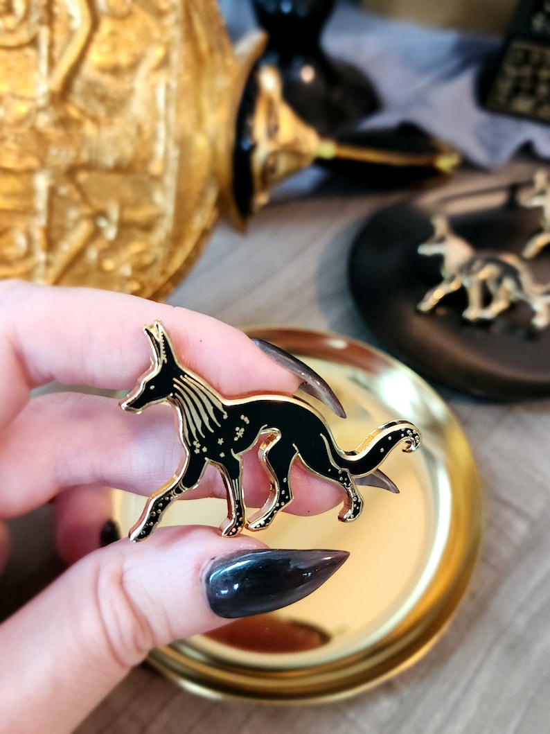 May include: A black enamel pin with gold accents depicting an Anubis jackal with a starry design. The pin is held in a hand with black nail polish.