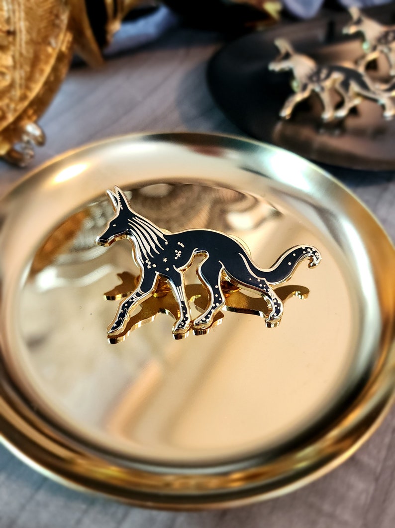 May include: A black and gold enamel pin featuring a stylized depiction of an anubis jackal with a starry design. The pin is on a gold tray.
