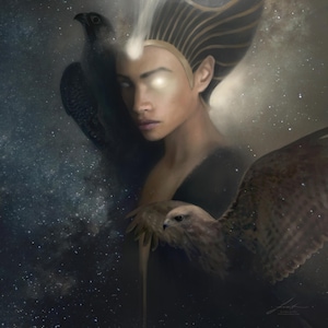 May include: Digital art depicting a person with glowing eyes and a golden headdress, set against a starry background. Two birds of prey are featured, one perched on the shoulder and the other in flight. A beam of light emanates from the person's head.