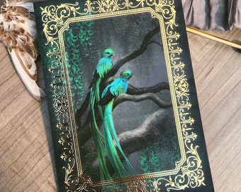 Quetzal & Jade [Gold Foil Mini Print] emerald green bird flower painting - nature wildlife art Guatemala tropical jungle - Illustration Card