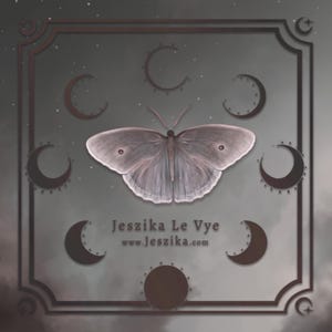 Puede incluir: Ilustración digital de una polilla con alas detalladas, rodeada de lunas crecientes y estrellas. La imagen tiene una estética oscura y mística, con el texto "Jeszika Le Vye" y la dirección del sitio web en la parte inferior.