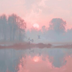 May include: A serene landscape painting depicts a pink and blue sunrise over a misty lake. Silhouetted trees line the horizon, with several birds in flight. The sun's reflection shimmers in the water, creating a tranquil, dreamlike scene.