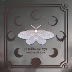 May include: A white moth with delicate wings is centred in a dark grey square frame with a decorative border. The frame is surrounded by a starry sky with crescent moons. The text "Jeszika Le Vye www.jeszika.com" is below the moth.