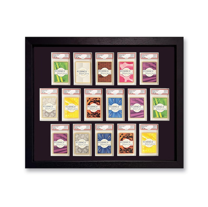 K&ouml;nnte beinhalten: Ein schwarz gerahmter Display-Koffer mit 15 Sammelkartenhaltern. Jeder Halter hat einen anderen gemusterten Hintergrund und den Text "RIDANCO DISPLAYS". Die Karten sind in einem Raster auf einem dunkelvioletten Hintergrund angeordnet.