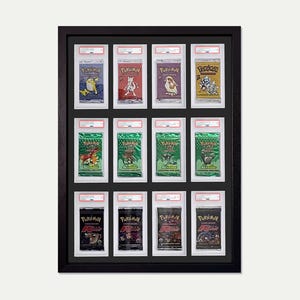 May include: A black frame with 12 clear plastic card holders, each containing a Pokemon trading card. The cards feature various Pokemon characters, including Pikachu, Charmander, and Bulbasaur.