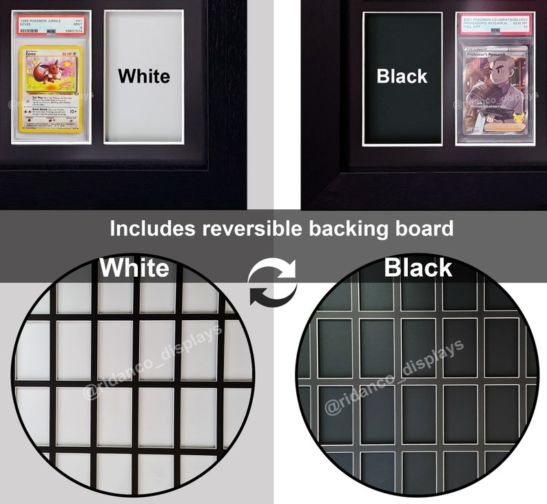 Op de afbeelding: Een zwart frame met een omkeerbare achterkant. De achterkant kan wit of zwart zijn. Het frame is ontworpen om trading cards te bewaren. De tekst "Inclusief omkeerbare achterkant" is zichtbaar in de afbeelding. De tekst "Wit" en "Zwart" is zichtbaar in de afbeelding.