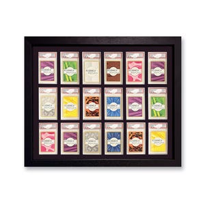 May include: A black framed display case filled with twenty trading card holders. Each holder features a card with a unique design and the text "RIDANCO DISPLAYS". The cards have various color schemes, including pink, green, and yellow.