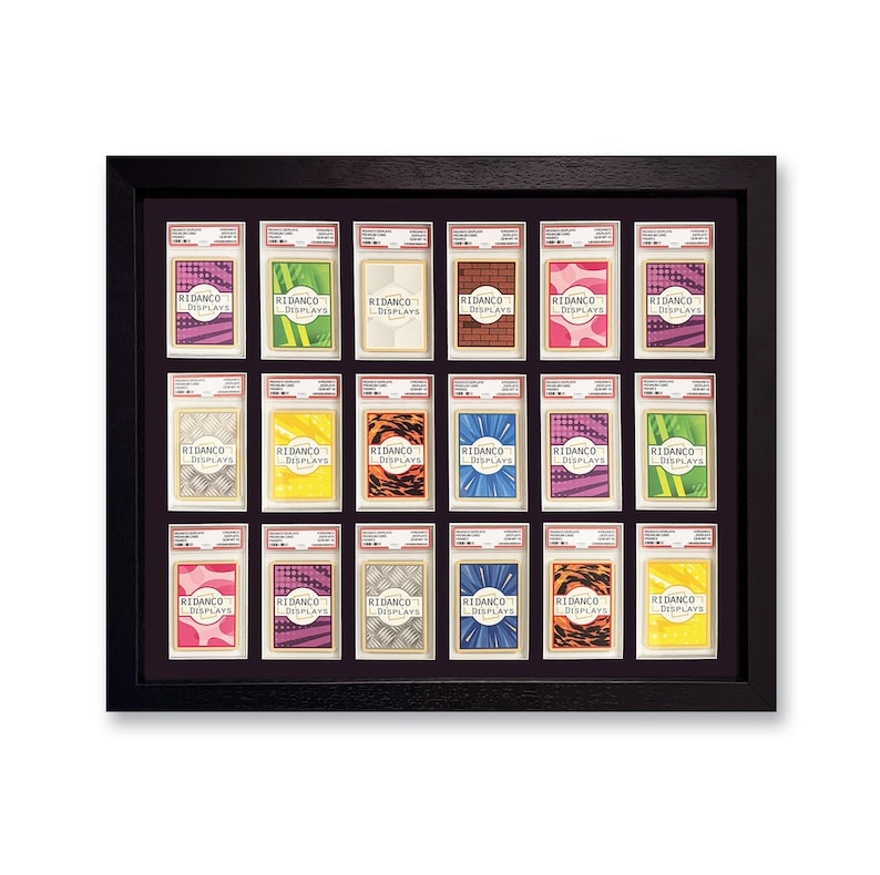 May include: A black framed display case filled with twenty trading card holders. Each holder features a card with a unique design and the text "RIDANCO DISPLAYS". The cards have various color schemes, including pink, green, and yellow.