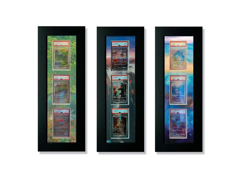 Pode incluir: Tr&ecirc;s expositores emoldurados em preto, cada um com tr&ecirc;s cartas colecion&aacute;veis classificadas. As molduras s&atilde;o pretas e as cartas s&atilde;o encapsuladas em pl&aacute;stico transparente. Os fundos atr&aacute;s das cartas variam em cores, com tons verdes, azuis e laranja.