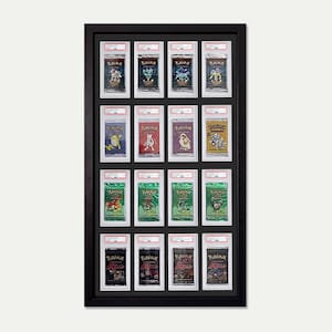 May include: A black frame with 16 clear plastic sleeves holding Pokemon trading cards. The cards are in various colors and feature different Pokemon characters.