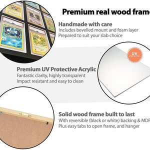 Puede incluir: Un primer plano de un marco de imagen de madera con un frente de acr&iacute;lico transparente. El marco est&aacute; hecho de madera maciza y tiene un respaldo negro o blanco. El marco est&aacute; dise&ntilde;ado para contener y exhibir tarjetas coleccionables u otros objetos de colecci&oacute;n. El marco tiene pesta&ntilde;as f&aacute;ciles de abrir y un colgador para colgar en la pared.