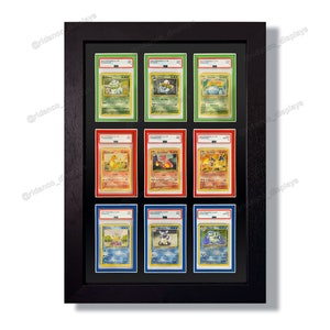 May include: Nine Pokemon trading cards are displayed in a black frame with a white mat. The cards are in protective plastic sleeves. The cards feature various Pokemon characters, including Bulbasaur, Charmander, Squirtle, Pikachu, and Venusaur.