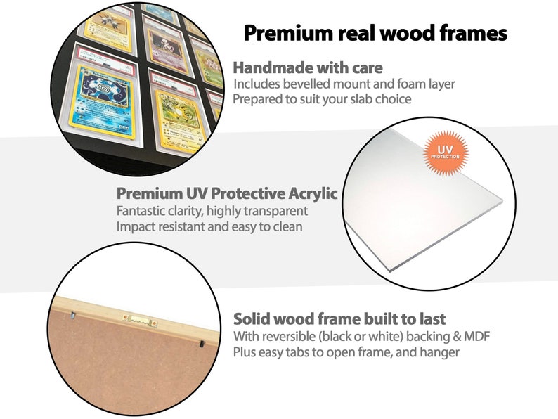 Op de afbeelding: Een close-up van een houten fotolijst met een heldere acryl voorkant. De lijst is gemaakt van massief hout en heeft een zwarte of witte achterkant. De lijst is ontworpen om trading cards of andere verzamelvoorwerpen te bewaren en te presenteren. De lijst heeft gemakkelijke lipjes om te openen en een ophangsysteem om aan de muur te hangen.