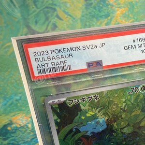 May include: A graded Pokemon trading card featuring a green Bulbasaur in a jungle setting. The card is labelled "2023 Pokemon SV2a JP Bulbasaur Art Rare" and has a PSA Gem Mint 10 grading. The card is in Japanese and features the text "たね フシギダネ HP70 やどりぎのタネ このポケモンのHPを「20」回説ける。 200".