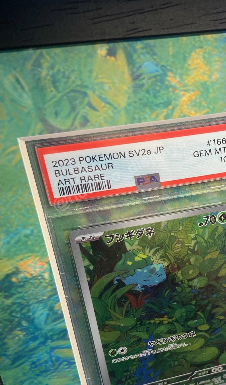 May include: A graded Pokemon trading card featuring a green Bulbasaur in a jungle setting. The card is labelled "2023 Pokemon SV2a JP Bulbasaur Art Rare" and has a PSA Gem Mint 10 grading. The card is in Japanese and features the text "たね フシギダネ HP70 やどりぎのタネ このポケモンのHPを「20」回説ける。 200".