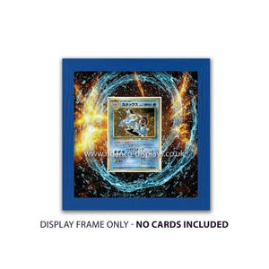 May include: A square blue display frame featuring a central Japanese Blastoise trading card surrounded by a circular water splash graphic against a dark background with orange light bursts. The text DISPLAY FRAME ONLY - NO CARDS INCLUDED is visible.