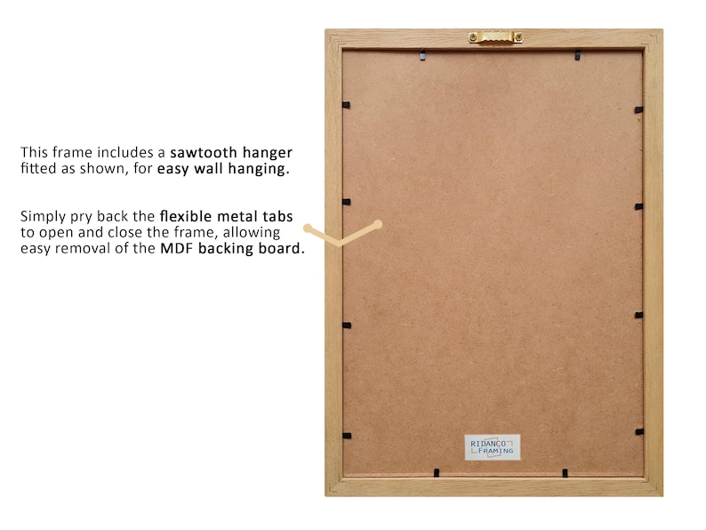 May include: The back of a light wood picture frame with a sawtooth hanger and metal tabs for easy removal of the MDF backing board. The frame is labeled "Ribanco Framing".