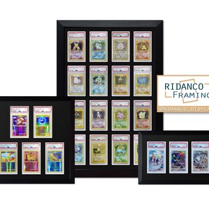May include: Three black picture frames with white mats display a collection of Pokemon trading cards. The frames are arranged in a staggered formation, with the largest frame at the top and the smallest frame at the bottom. The frames are all made of wood and have a black finish. The cards are all in protective plastic sleeves and are displayed in a grid pattern. The frames are labeled with the text "RIDANCO FRAMING @RIDANCO DISPLAYS".