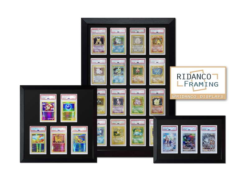 May include: Three black picture frames with white mats display a collection of Pokemon trading cards. The frames are arranged in a staggered formation, with the largest frame at the top and the smallest frame at the bottom. The frames are all made of wood and have a black finish. The cards are all in protective plastic sleeves and are displayed in a grid pattern. The frames are labeled with the text "RIDANCO FRAMING @RIDANCO DISPLAYS".