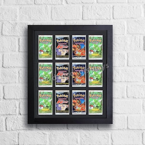 May include: A black frame with 12 clear plastic card holders, each displaying a Pokemon trading card. The cards feature various Pokemon characters, including Bulbasaur, Charmander, and Squirtle.