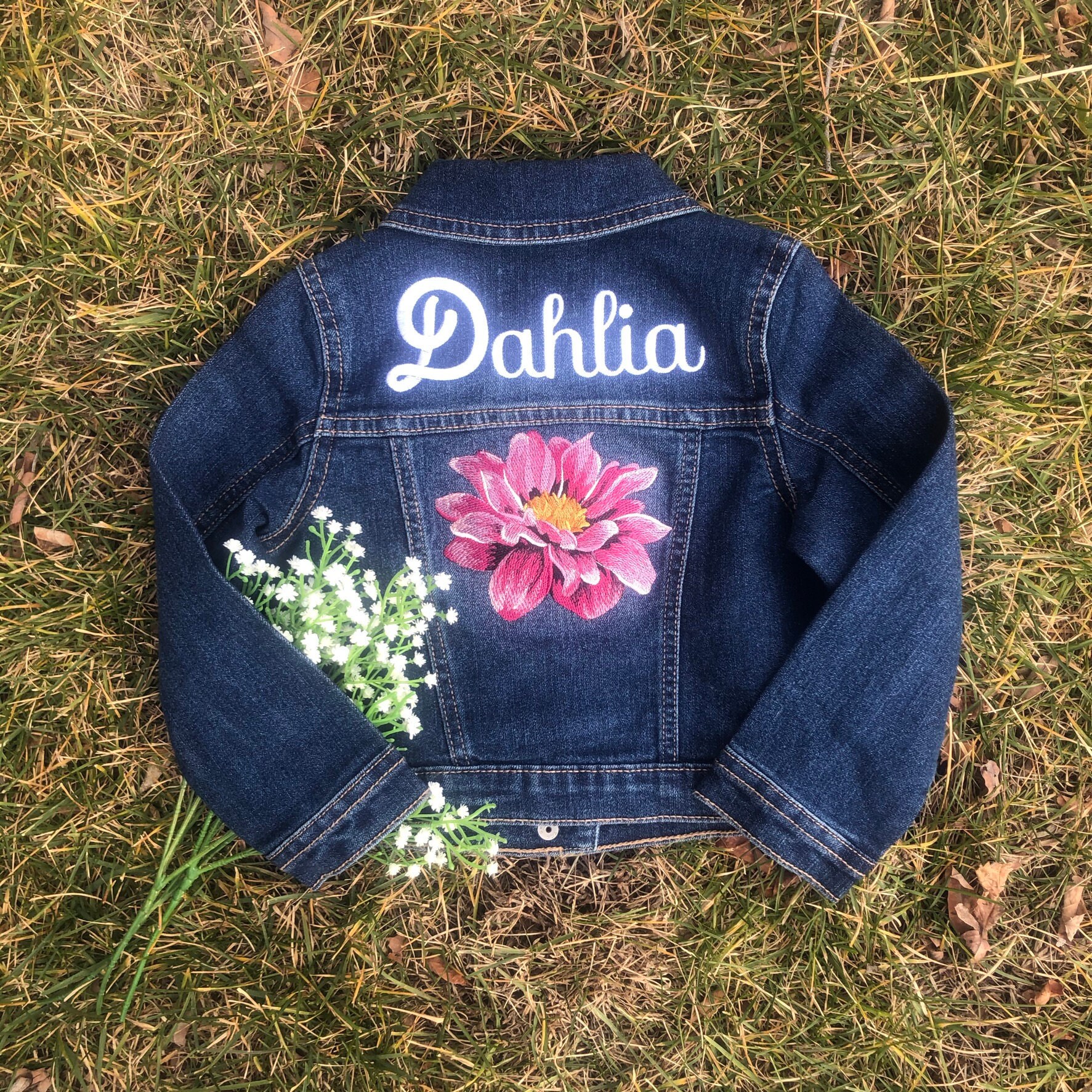 Girls Personalized Denim Jacket Giant Lily Embroidery Girls Etsy