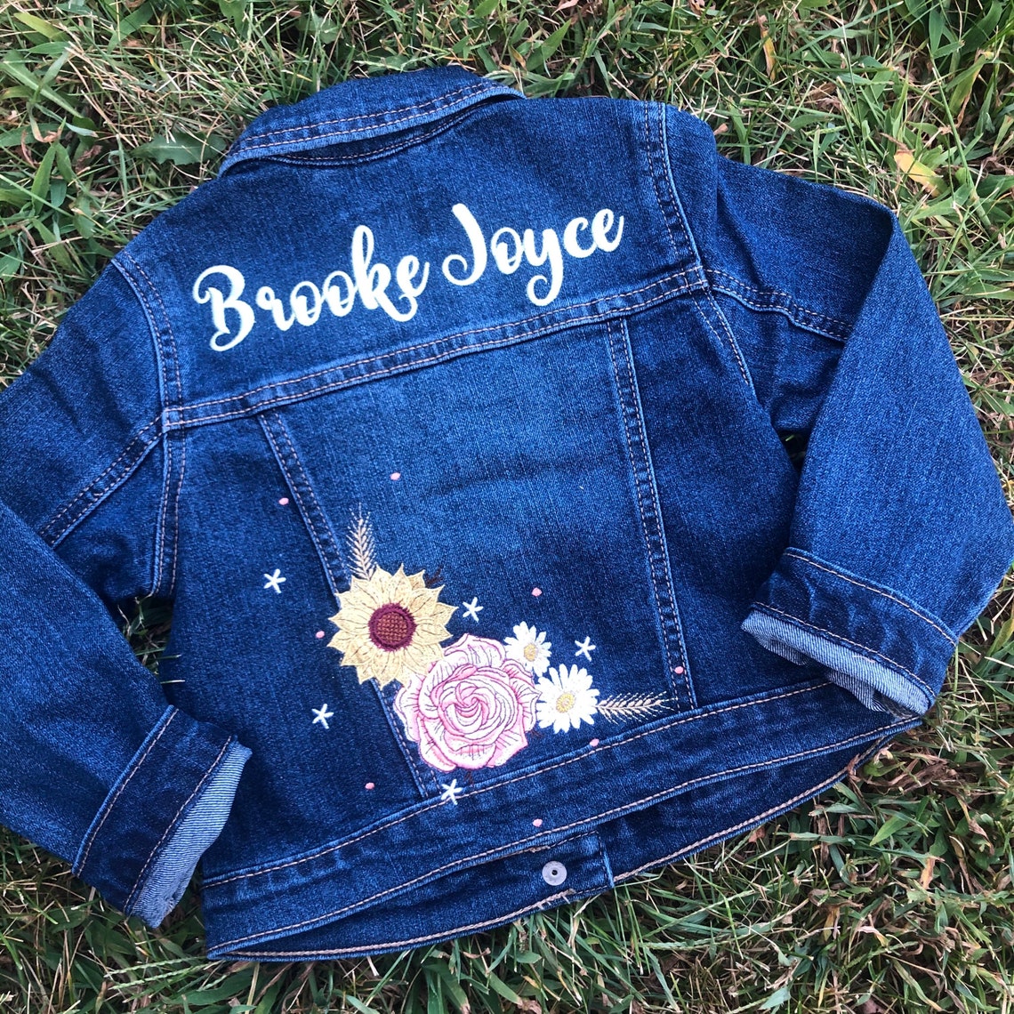 Toddler Personalized Denim Jacket with Sunflowers Roses and | Etsy