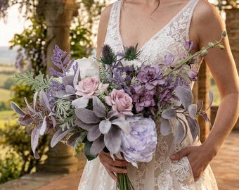 Faux Wedding Bouquet Lavender Purple white Bridal Bouquet Flowers Home Decor