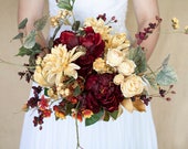 Fall Bouquet, Fall Wedding Flowers, Red Bouquet, Gold Bouquet, Gold Boutonniere, Burgundy Bouquet, Bouquet Set, Silk Eeddinh Bouquet
