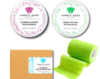 Pet Skin Care Bundle 4 pc - Dog Shampoo Bar, Lavender Dog Paw Balm, Pet Skin Balm, and Grass Green Vet Wrap for Puppy, Adult, Senior Dogs