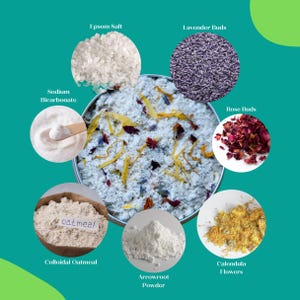 Puede incluir: Un recipiente circular lleno de una mezcla de polvo blanco que contiene pétalos de flores amarillos y morados. Alrededor del centro hay seis recuadros circulares que muestran sal de Epsom, capullos de lavanda, capullos de rosa, caléndula, polvo de arrurruz y avena.
