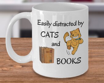 Cat lover coffee mug - Easily distracted by cats and books - Happy kitten crazy cat lady meow gifts - Book lover cozy time with cats gift