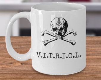 Freemason coffee mug - Masonic V.I.T.R.I.O.L. symbol VITRIOL skull and bones lodge emblem - Freemasonry gifts